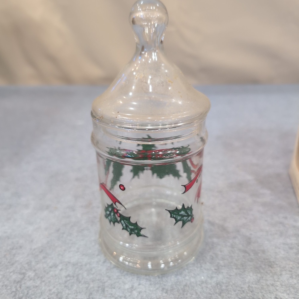 Vintage Anchor Hocking Sweet Occasions Jar Set of 2 Christmas Holly Ribbon Glass - Picture 2 of 4